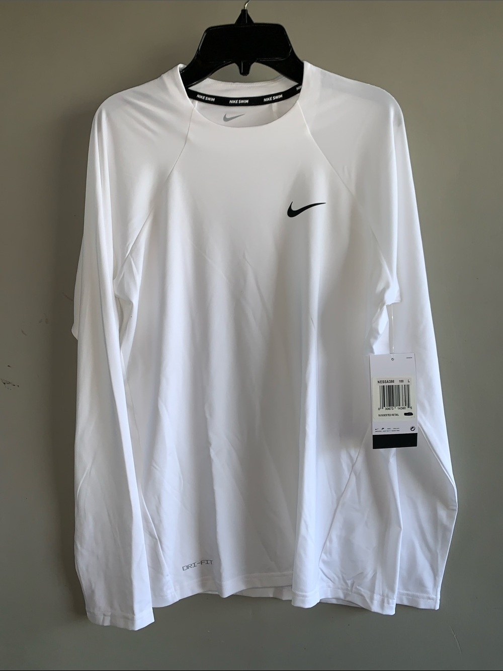 Nike White Long-Sleeve Swim Rash Guard with Black Swoosh